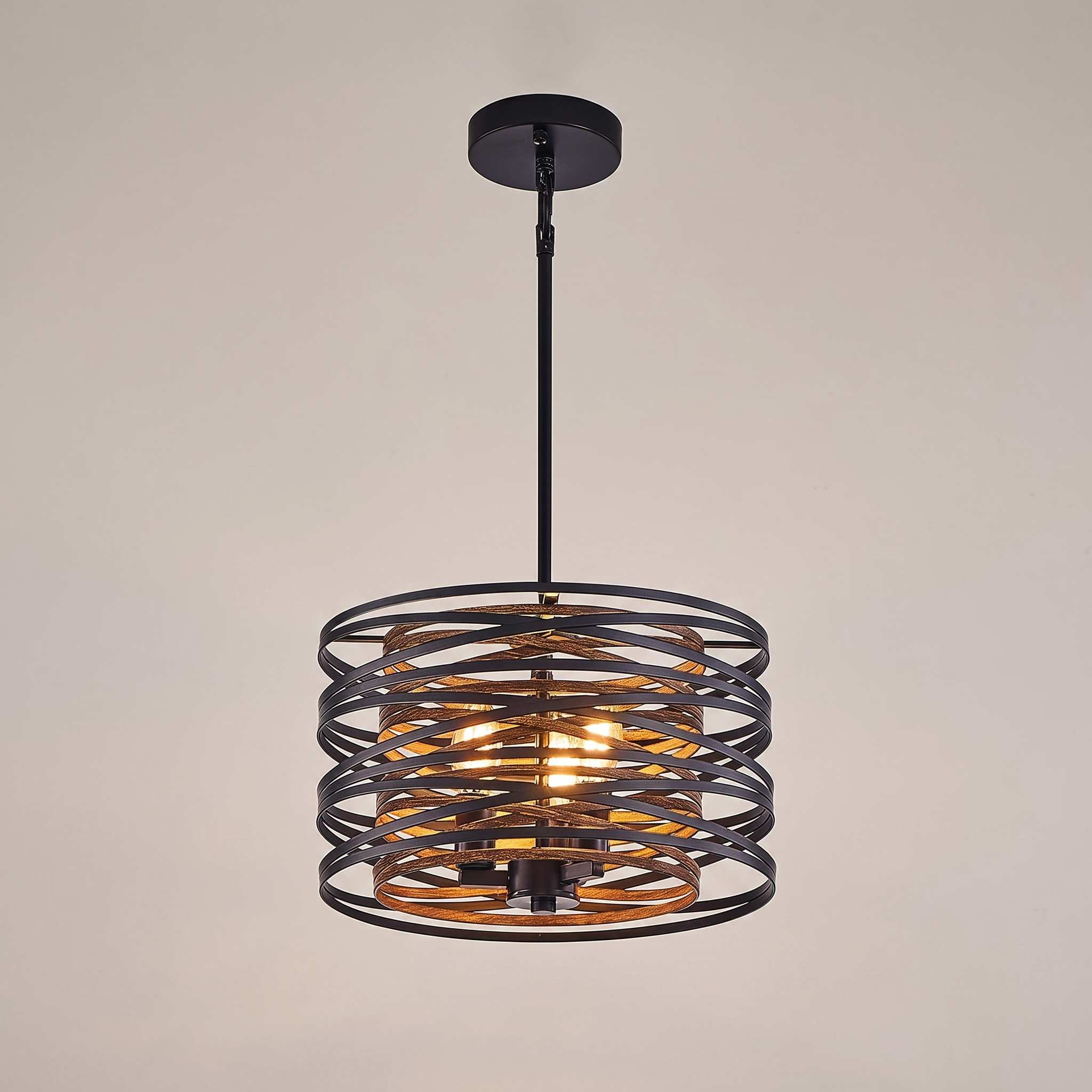 Drakemoor black drum pendant light with walnut-textured slats