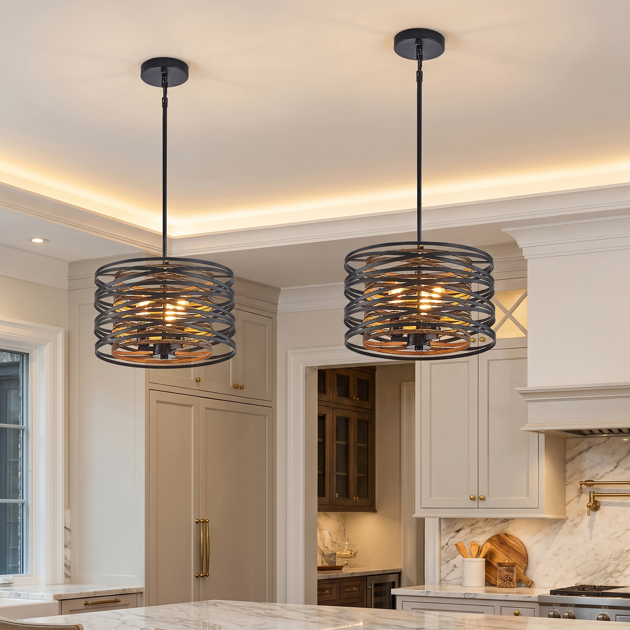 Upward ceiling view of the Drakemoor drum pendant
