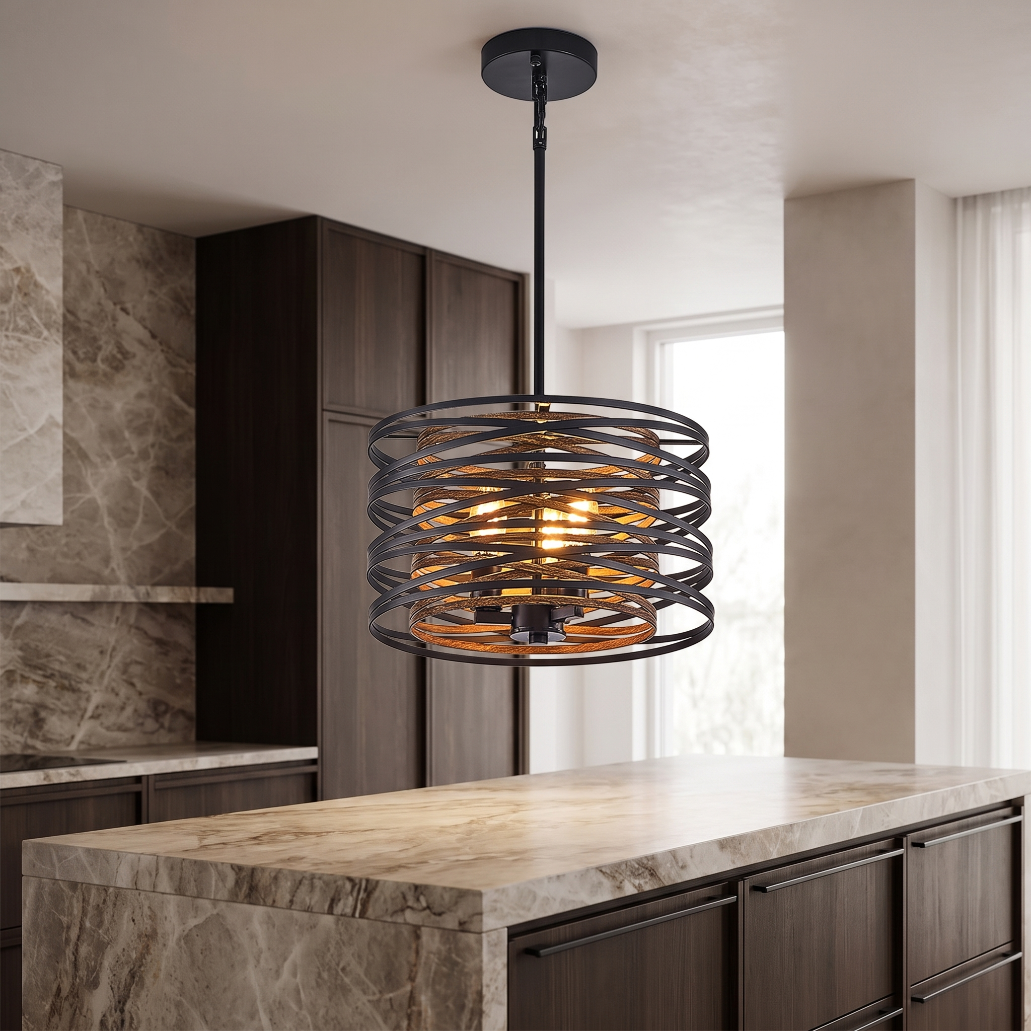 Drakemoor drum pendant over a marble kitchen island