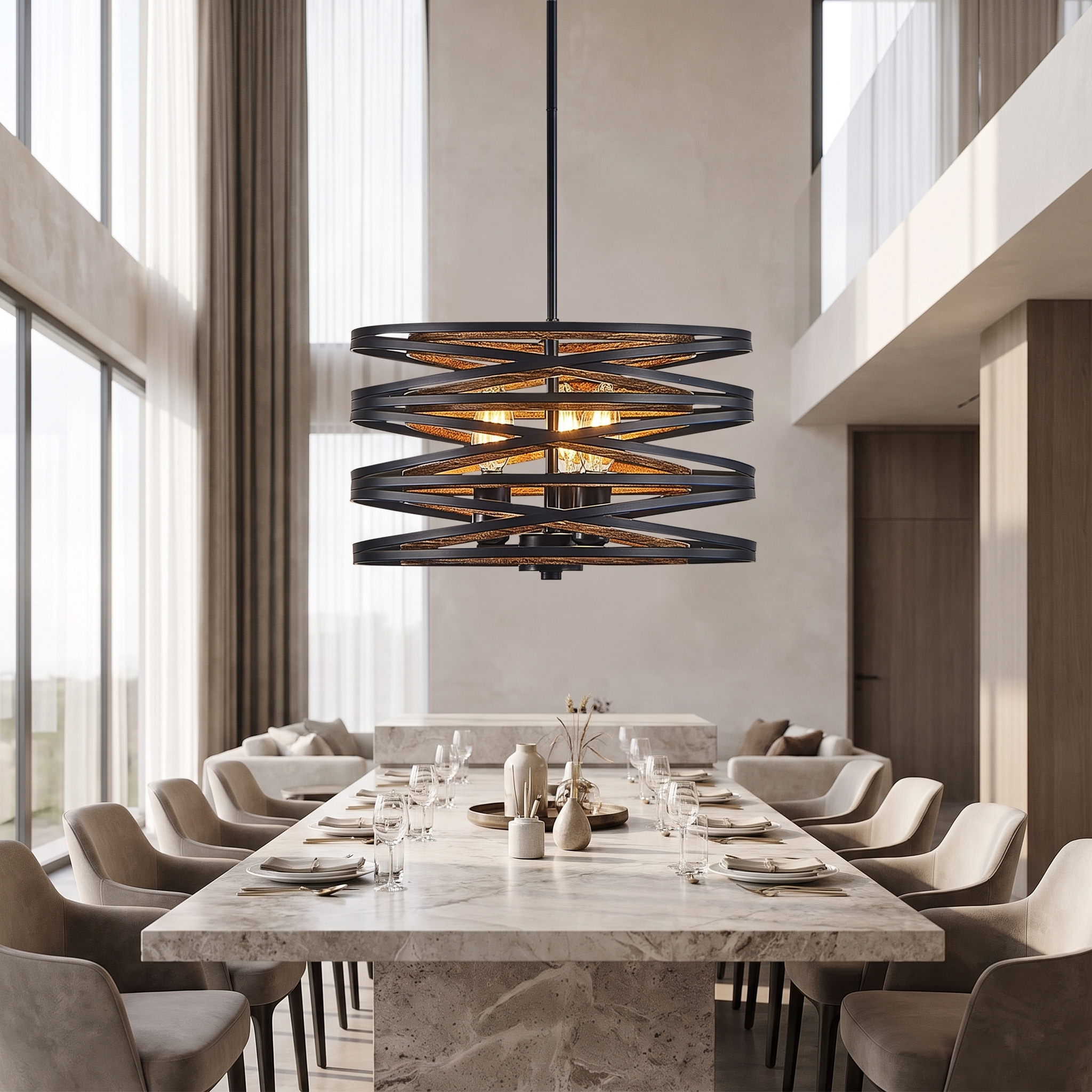 Drakemoor drum pendants in a spacious dining area