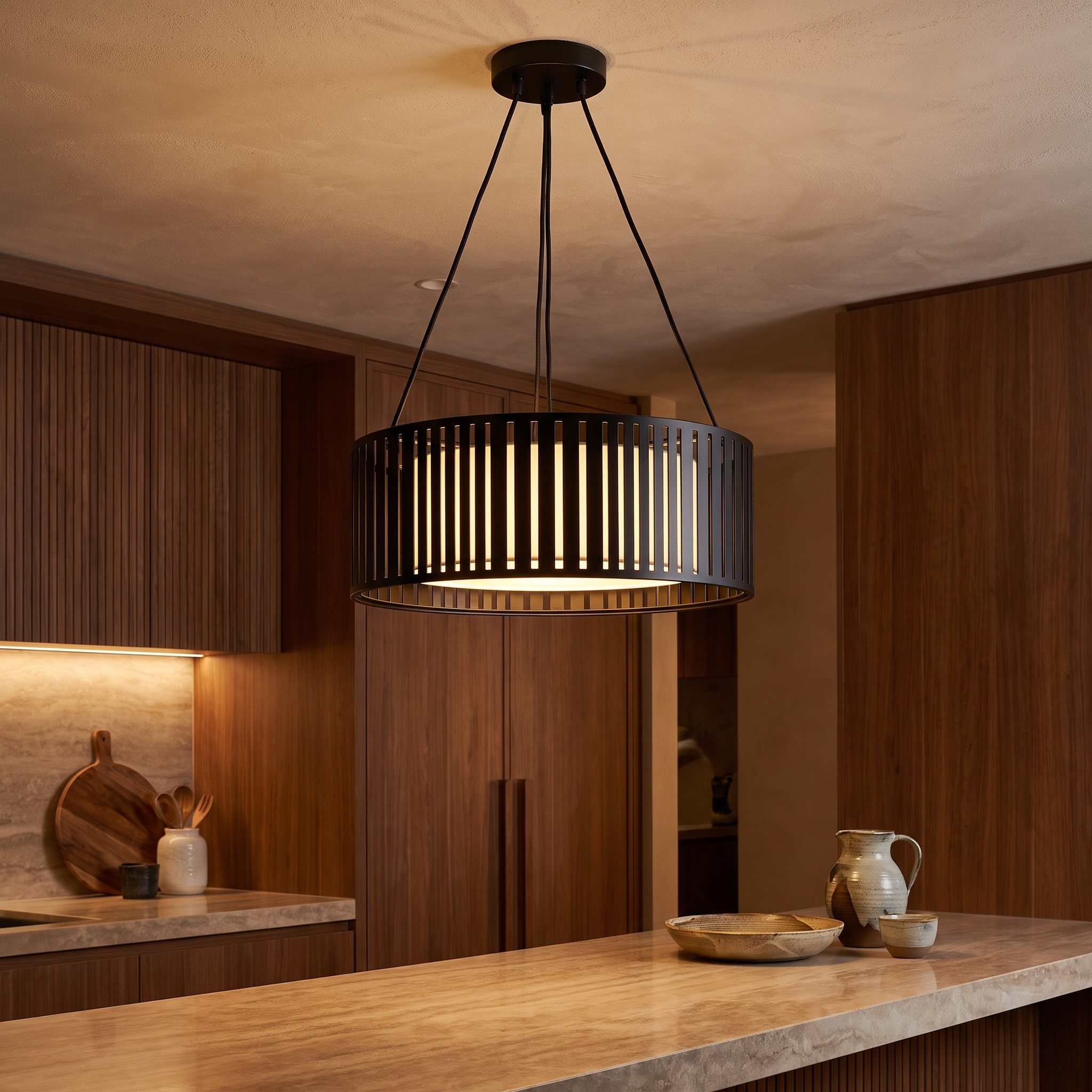 Drakemoor drum pendant in a cosy luxury kitchen