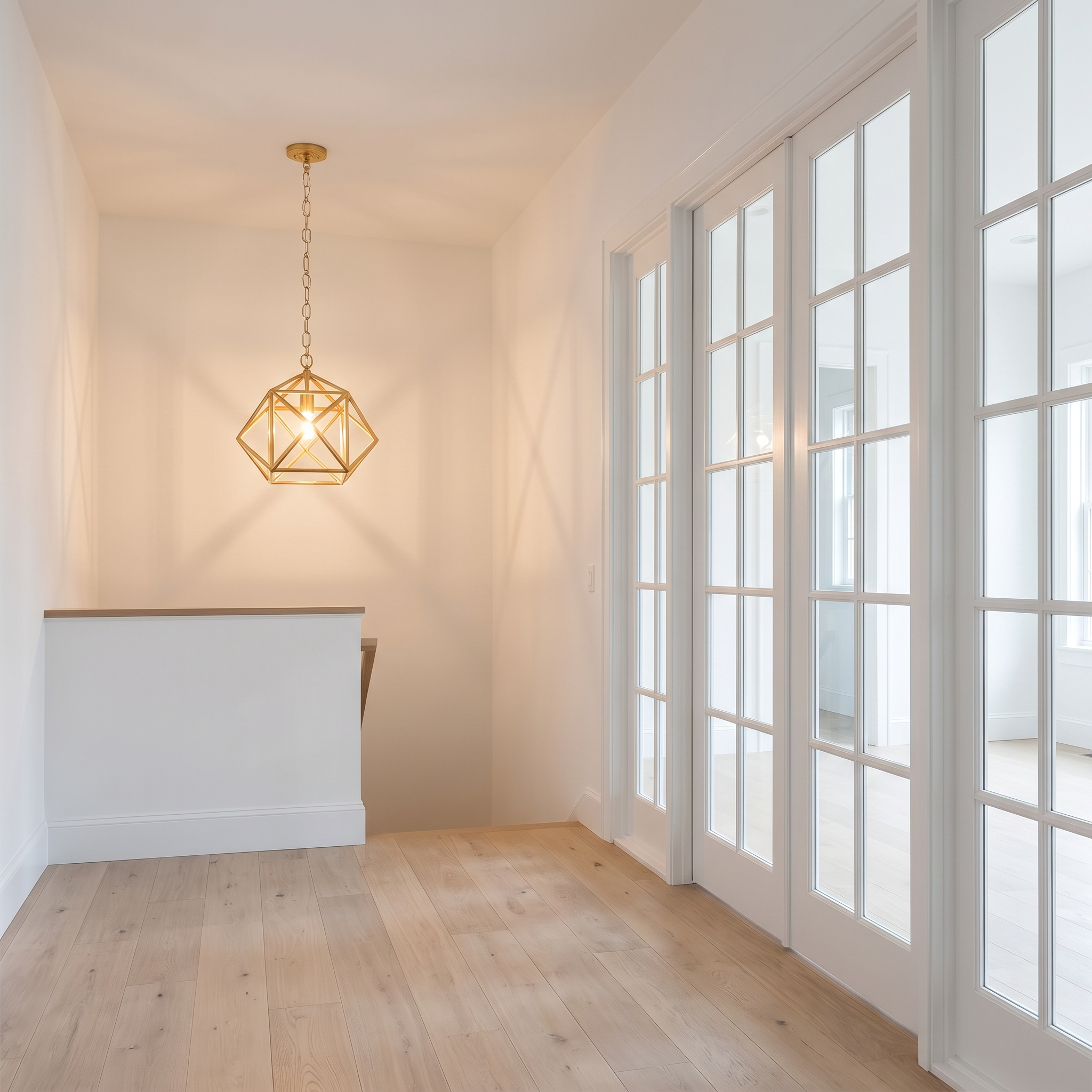 Chainelle gold pendant in a bright minimalist hallway