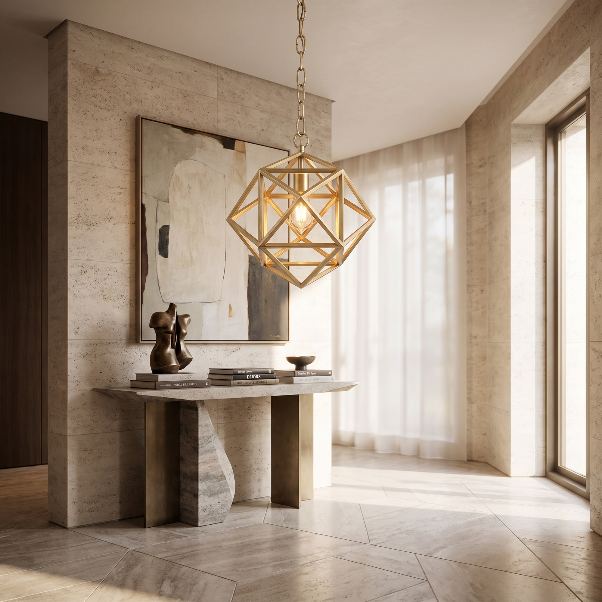 Chainelle gold geometric pendant light in a luxury foyer