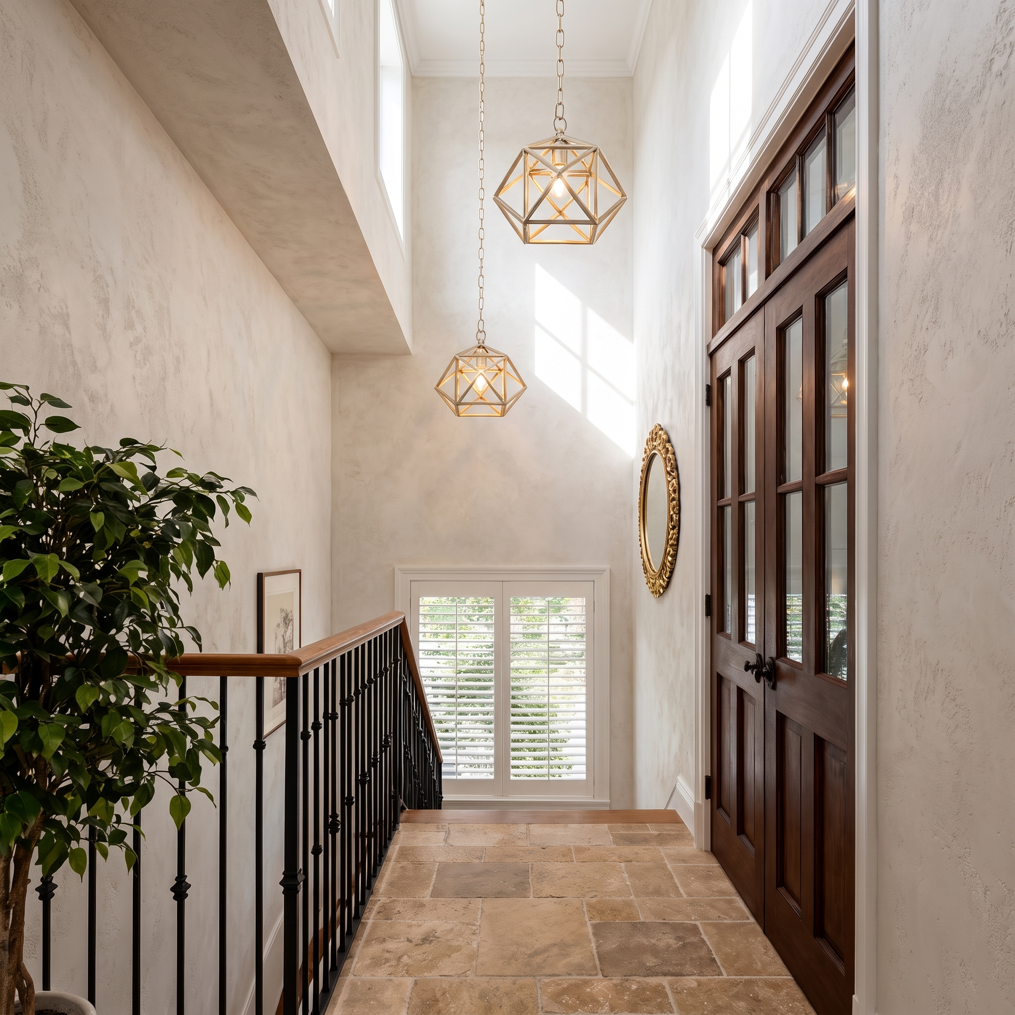Chainelle pendant in a double-height entryway with iron stairs