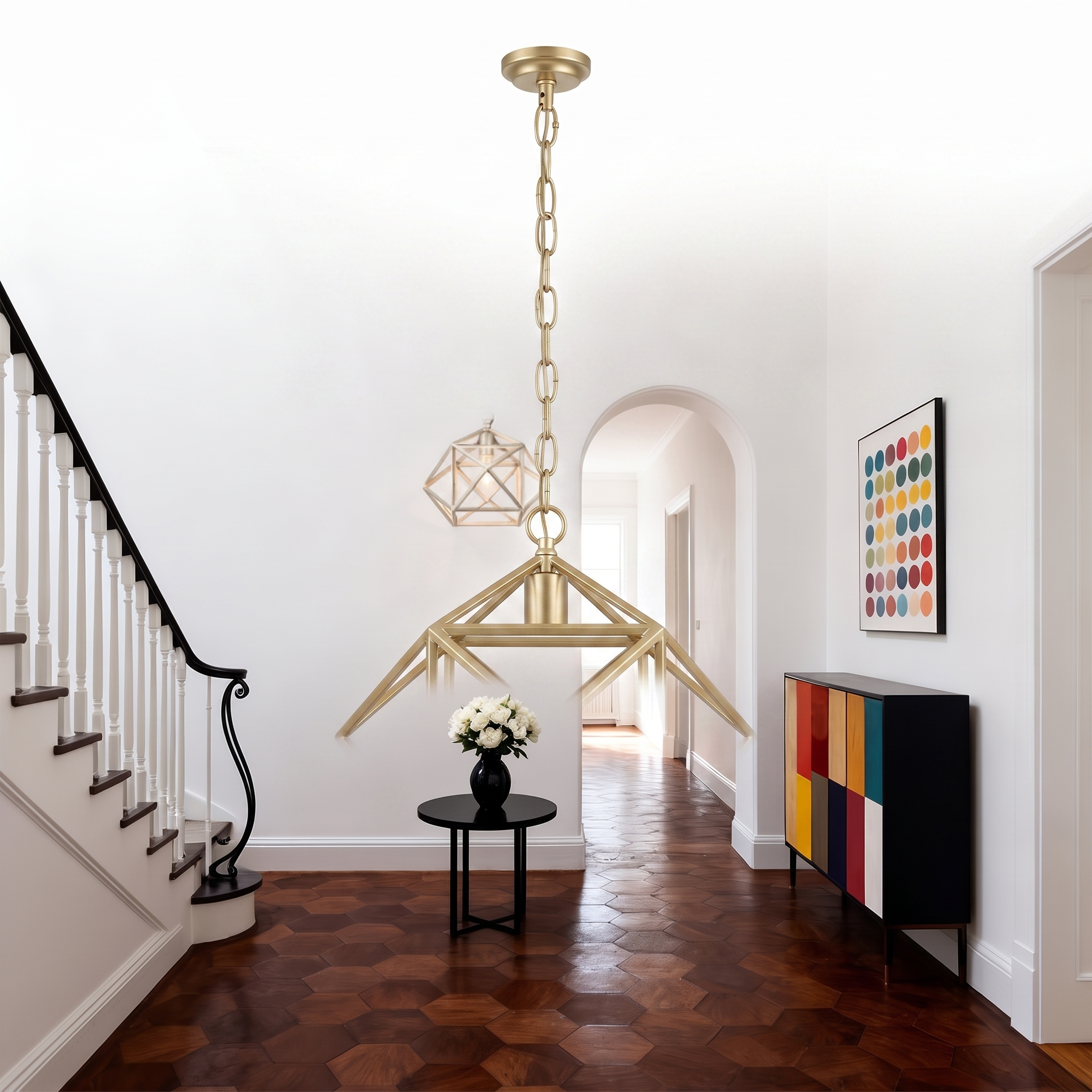 Chainelle gold geometric pendant light on a pure white background