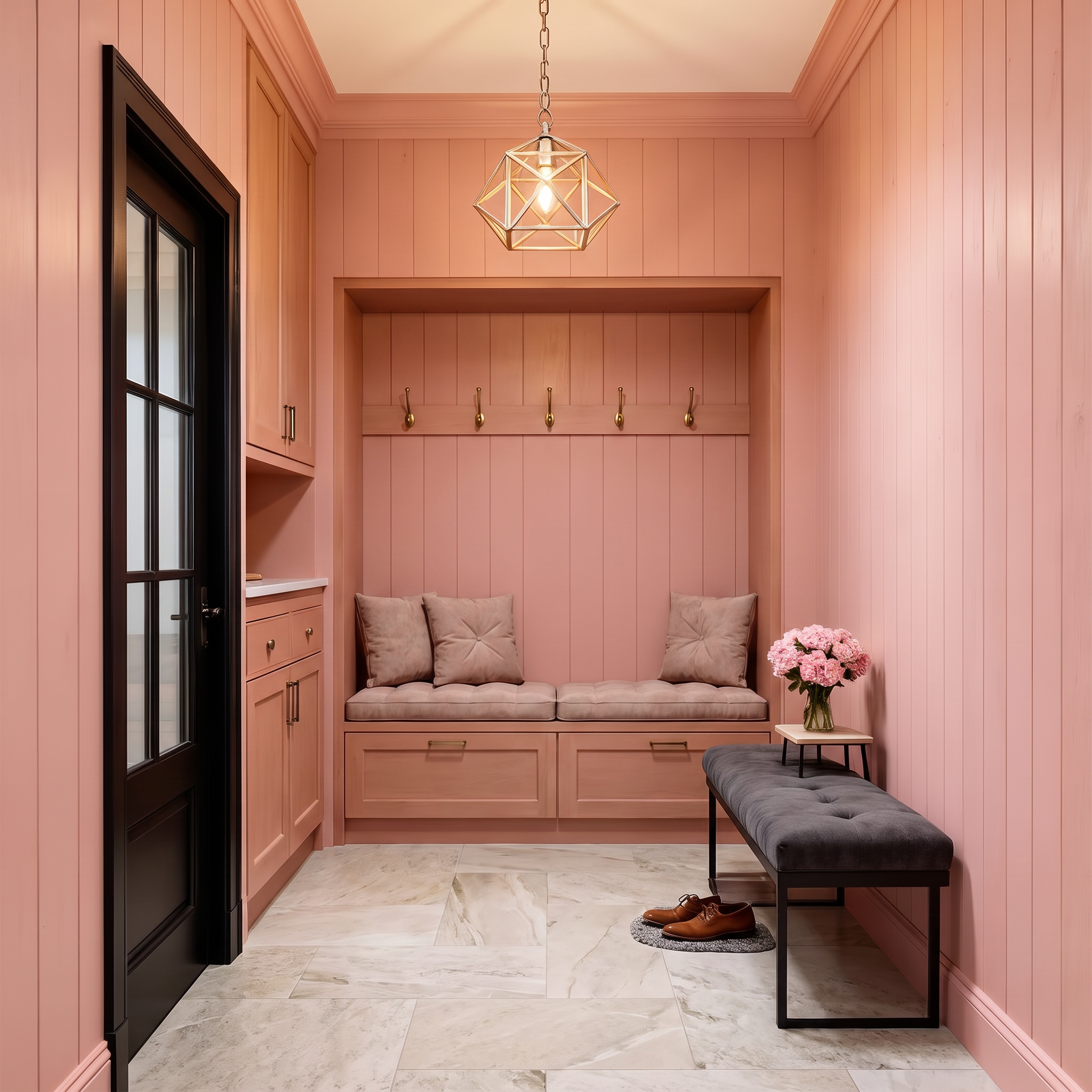 Chainelle gold pendant light in a modern mudroom
