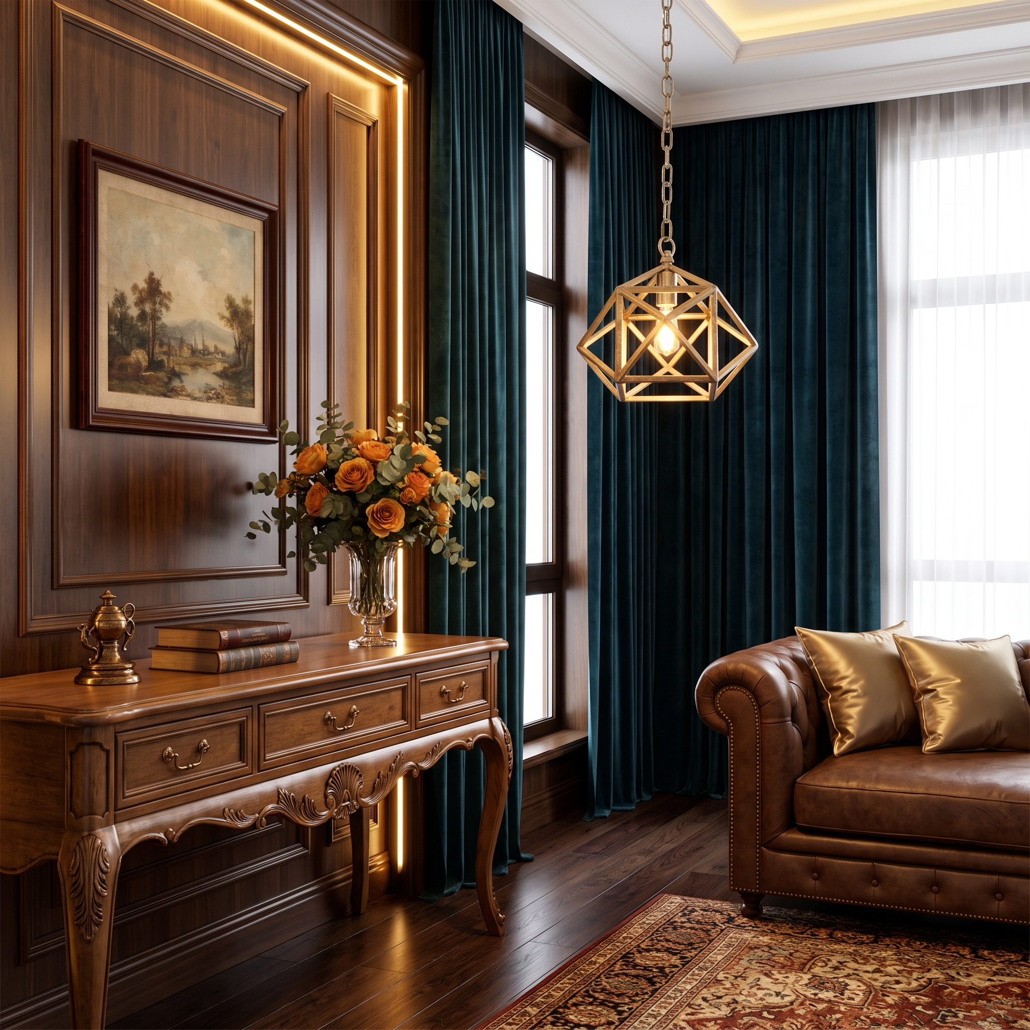 Chainelle gold pendant light as a single accent fixture