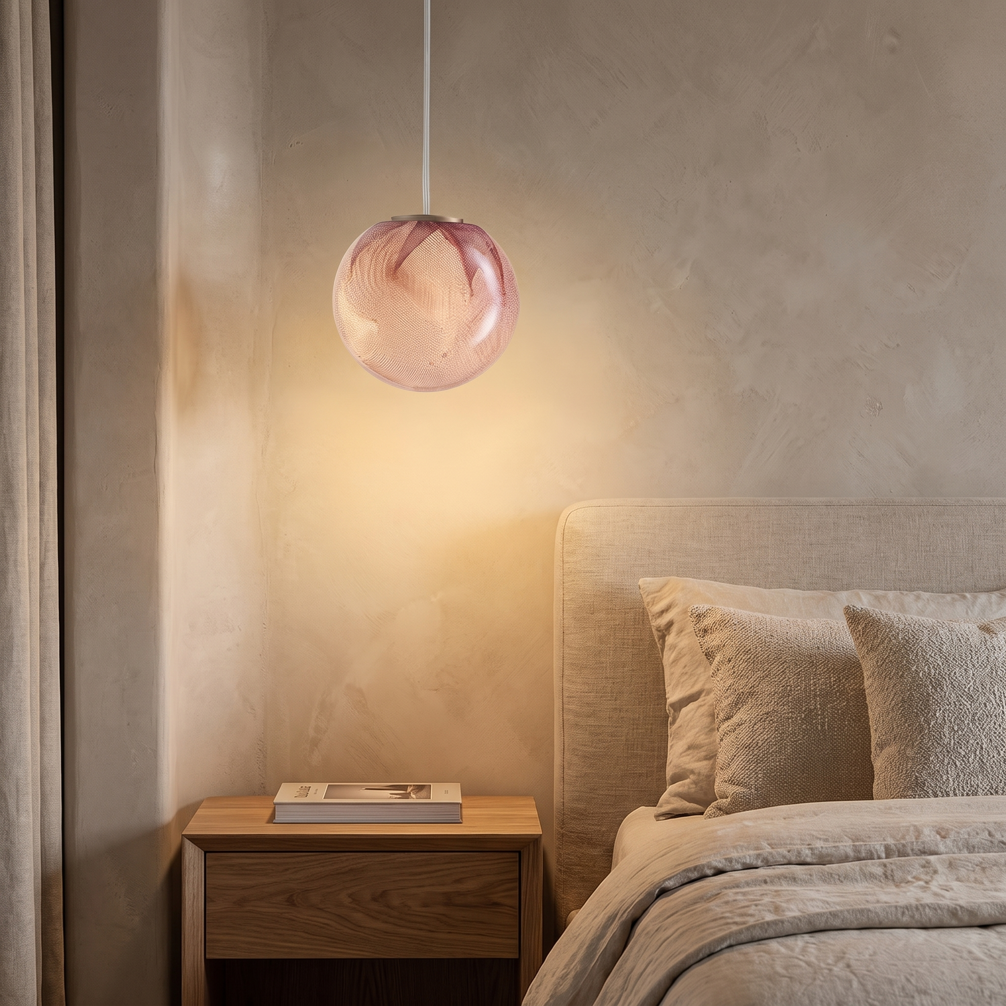 Lumetta rose-gold glass globe pendant in a luxury bedroom