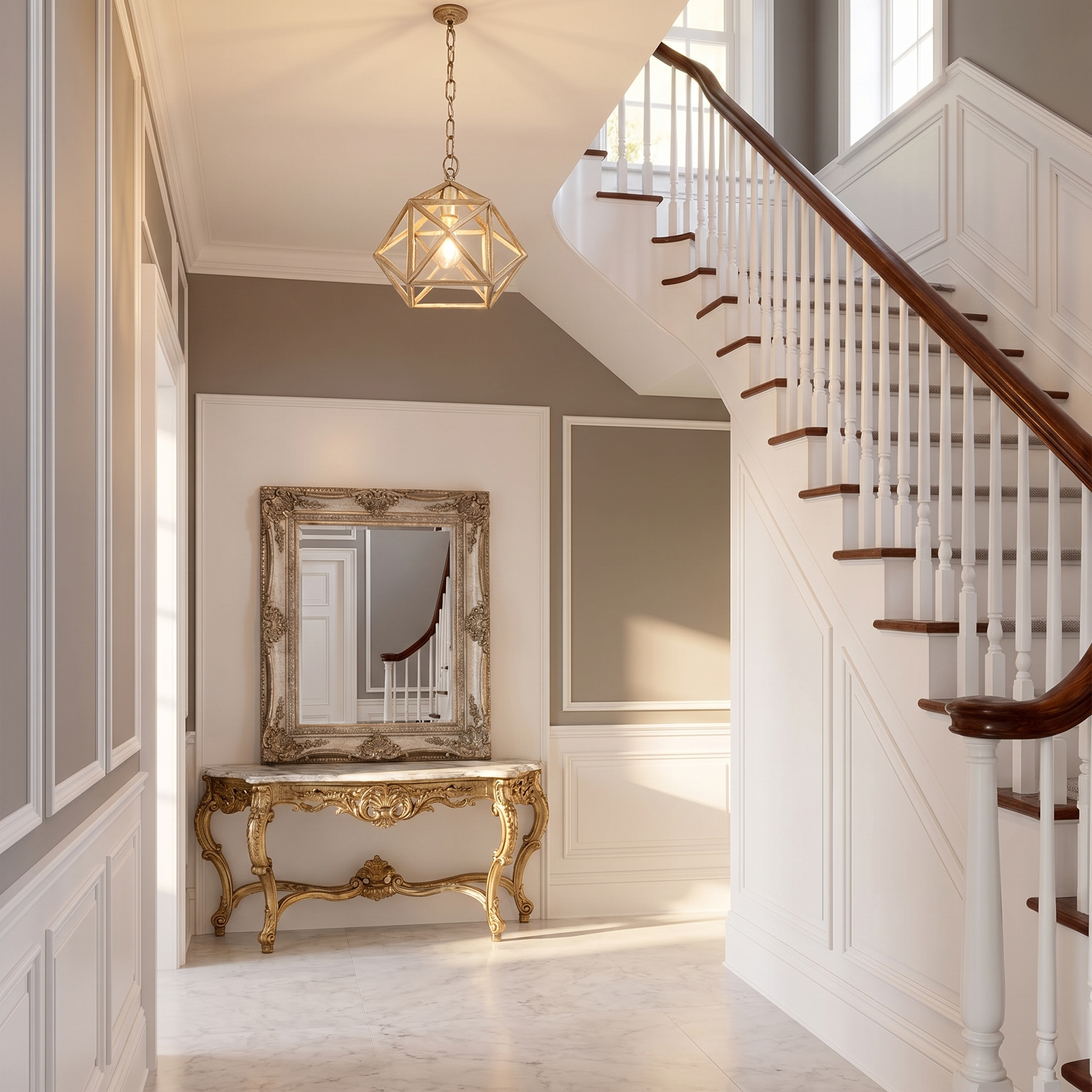 Chainelle pendant in a hallway with white staircase and marble console