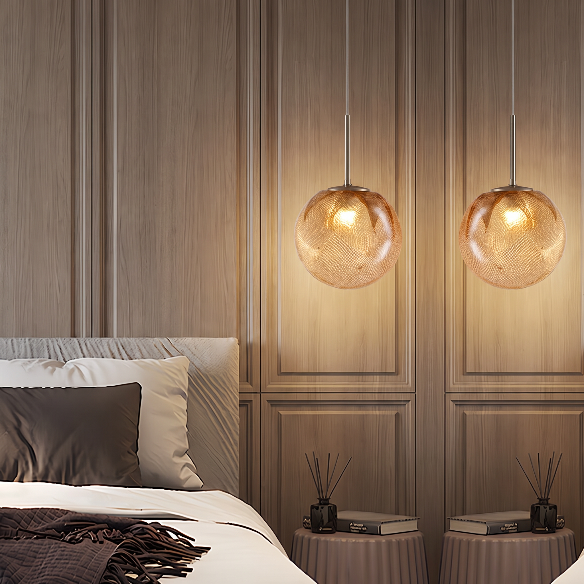 Pair of Lumetta textured amber glass bedroom pendants