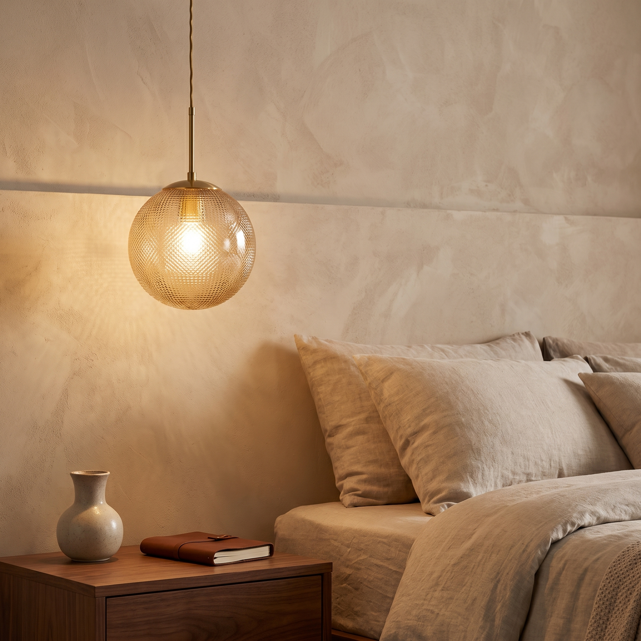 Lumetta textured amber glass pendant in a bedroom