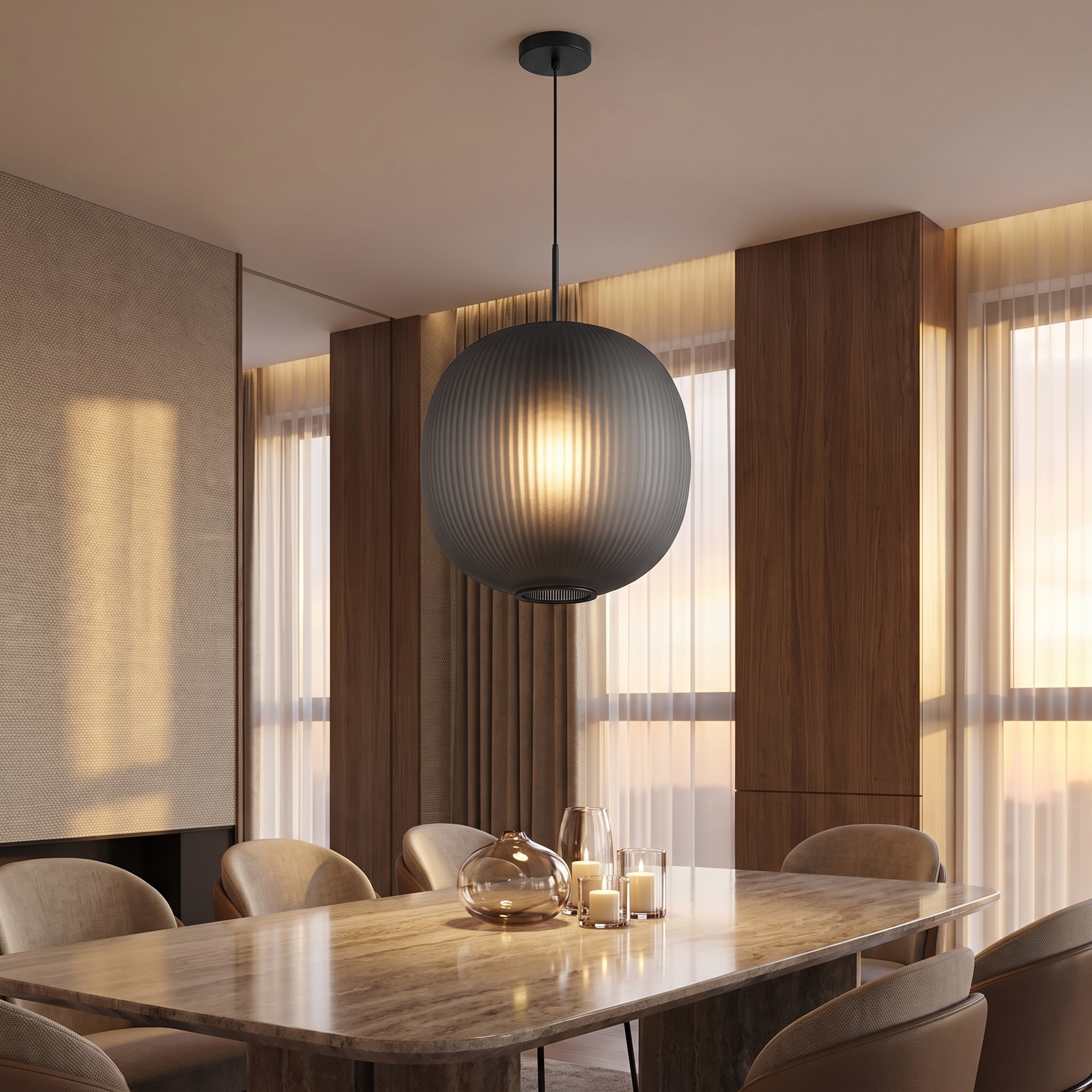 Halstead pendant light above a stone dining table