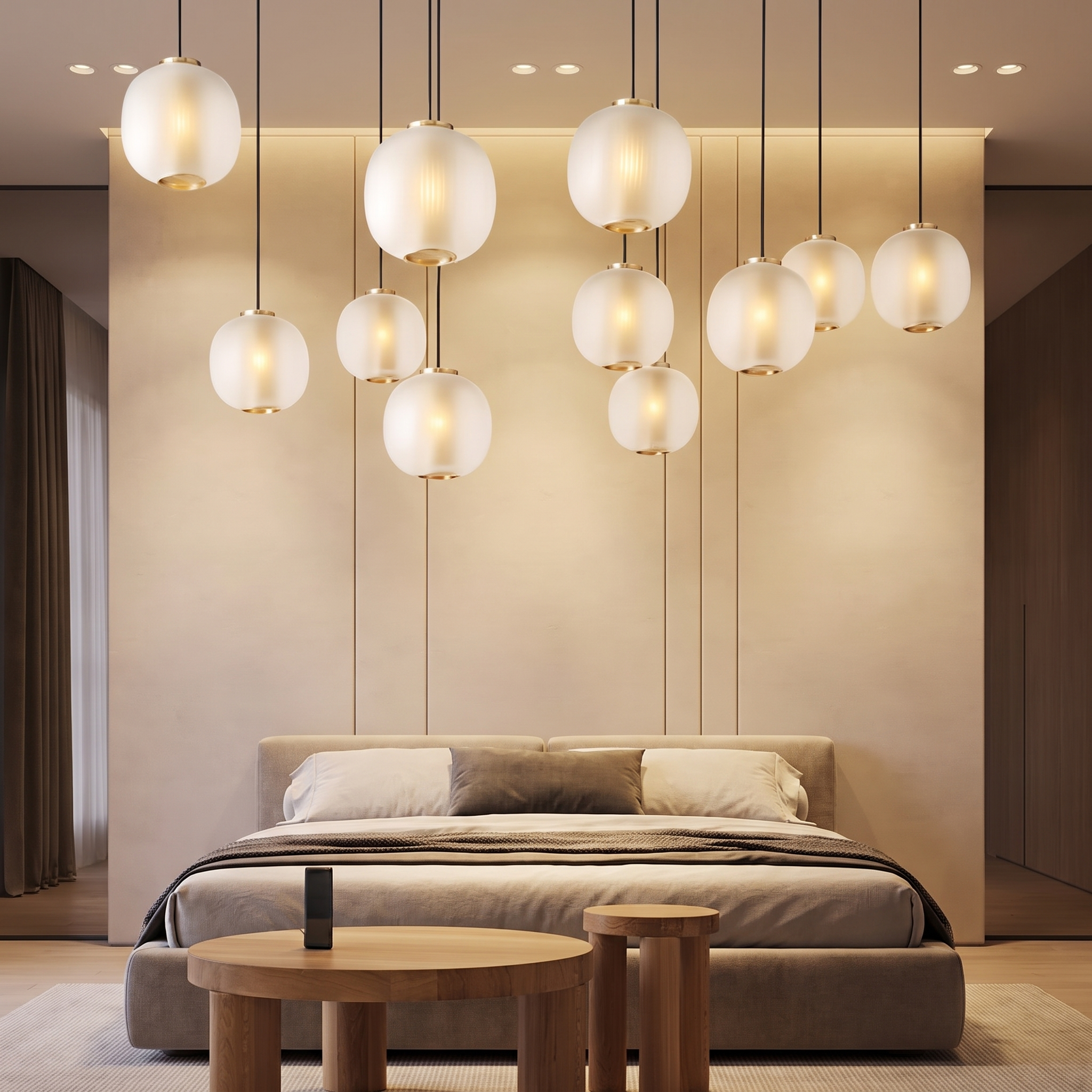 Halstead pendant light in a bedroom with panelled wall