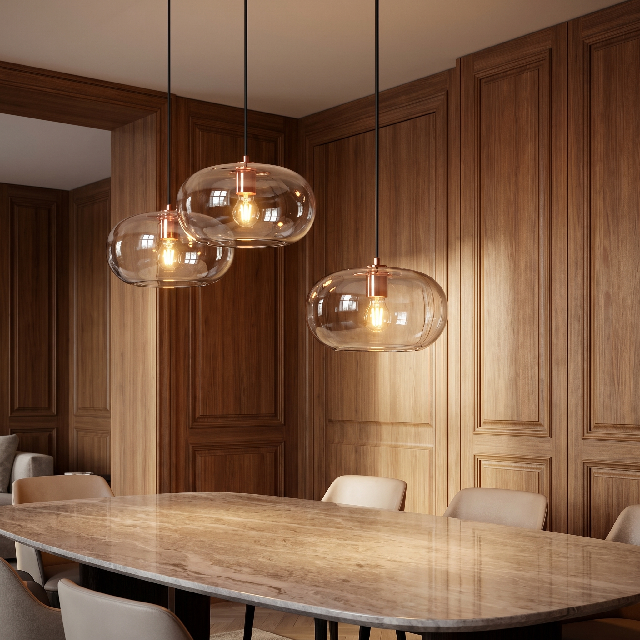 Electra art deco glass pendant light in a luxury dining room