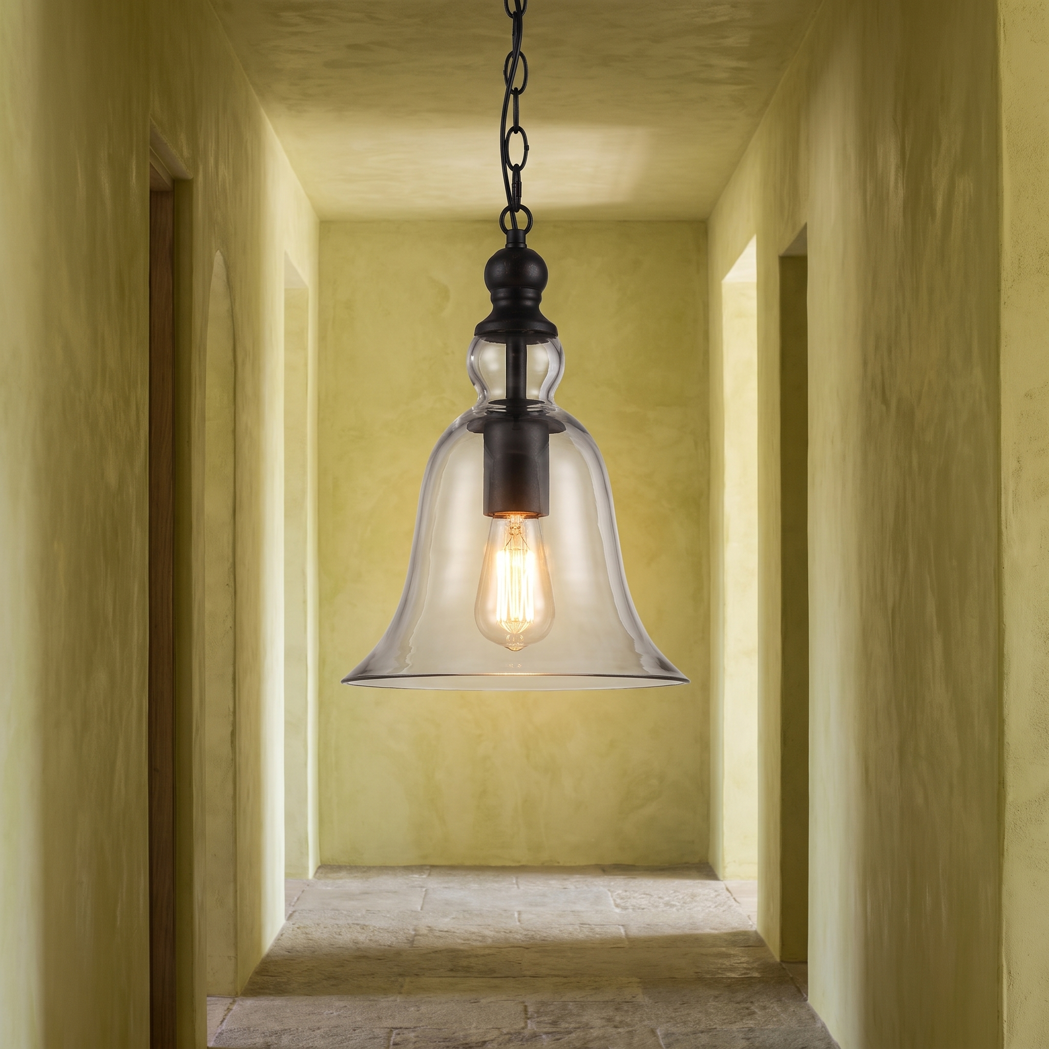 Chimeria vintage iron and glass pendant light in a luxury hallway