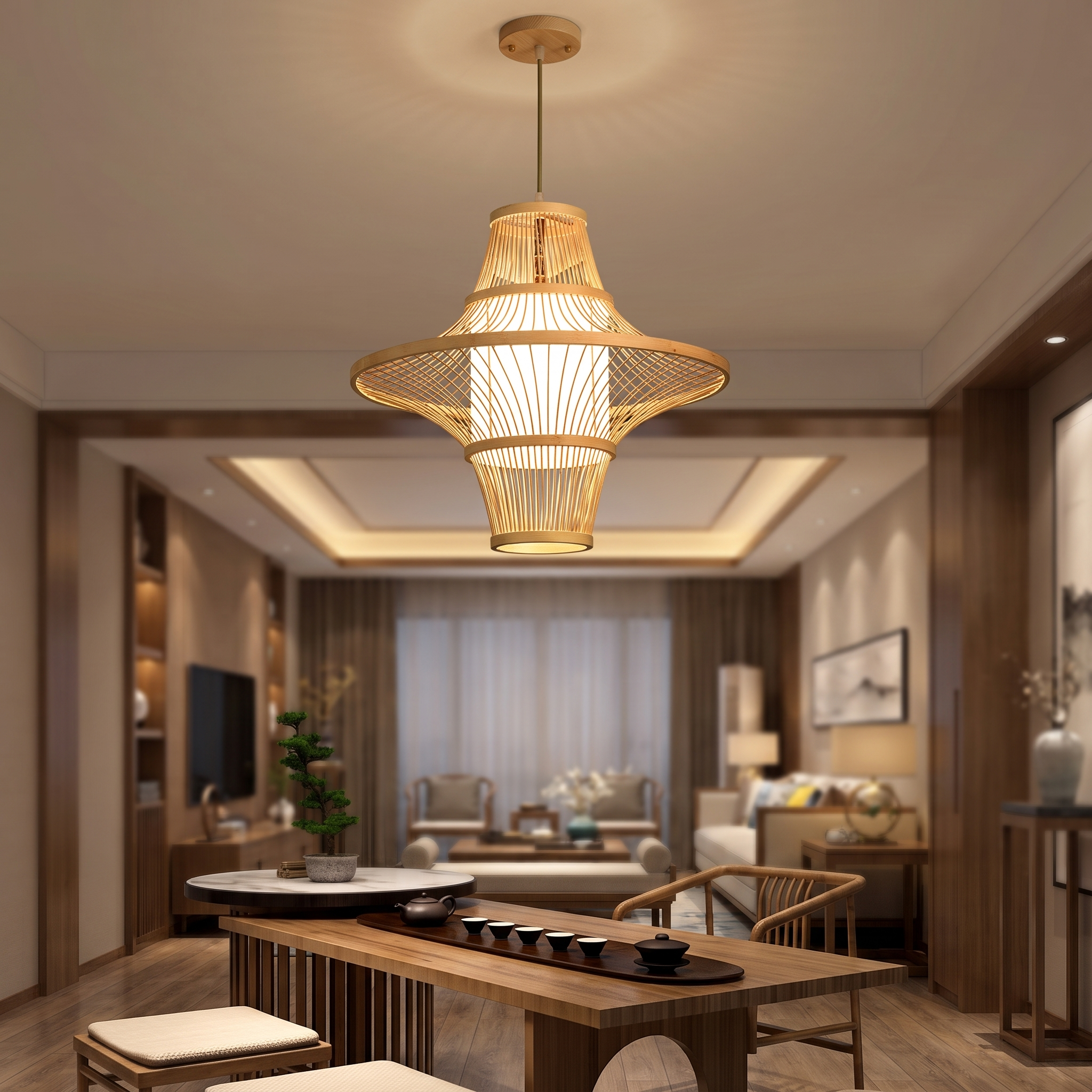 Bambroza pendant light above a timber dining table