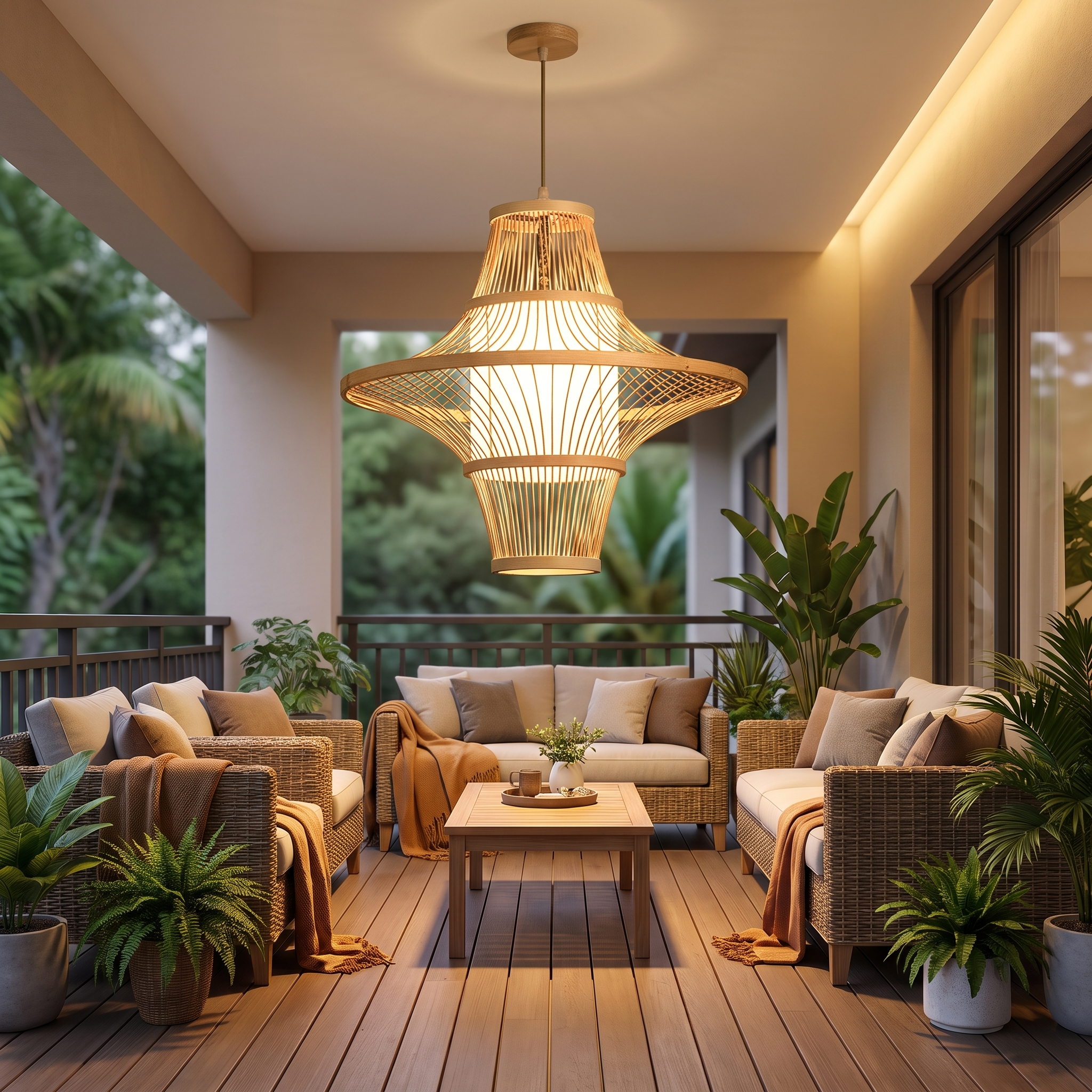 Bambroza bamboo cone pendant light on a luxury balcony