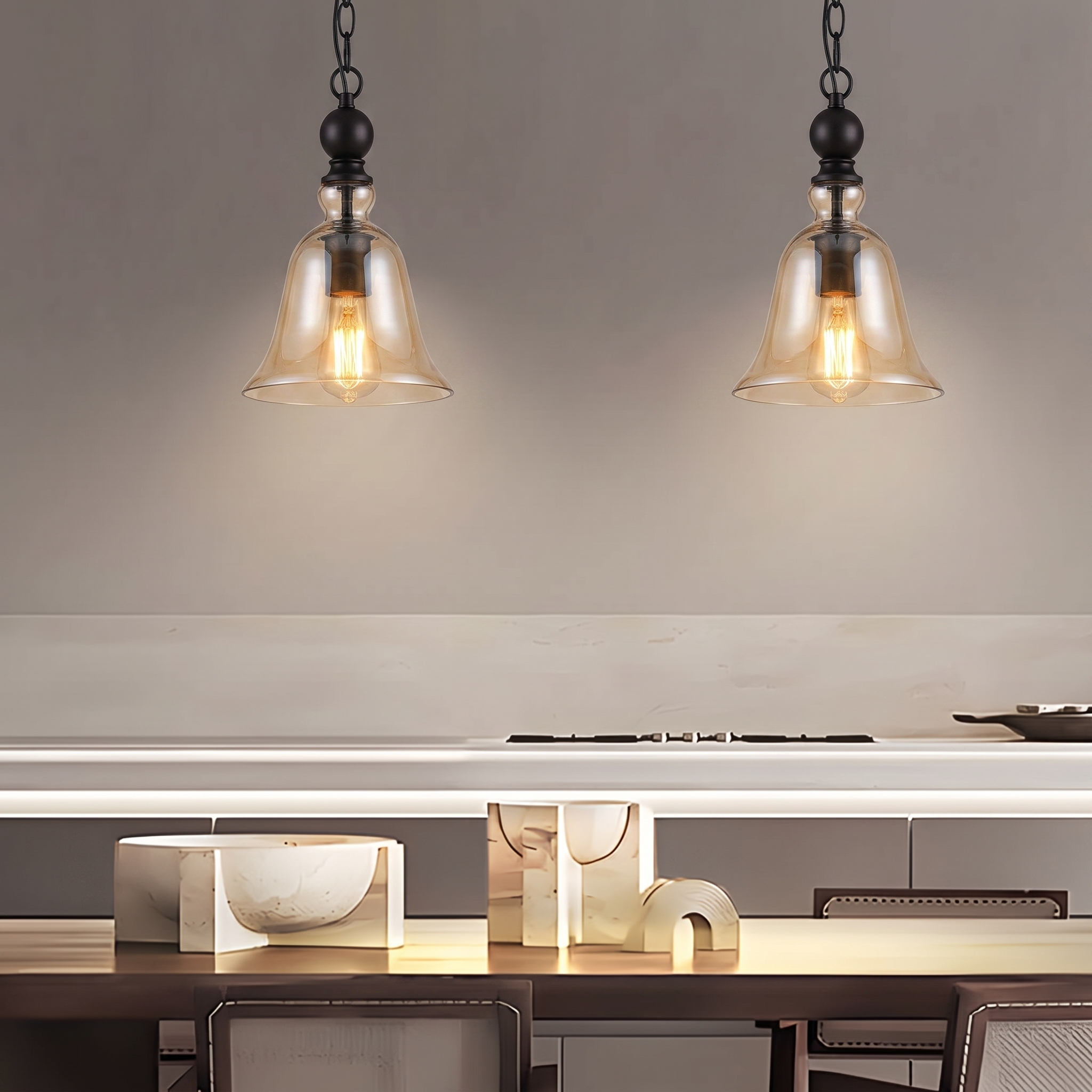 Chimeria iron and glass pendant light in a rustic-modern interior