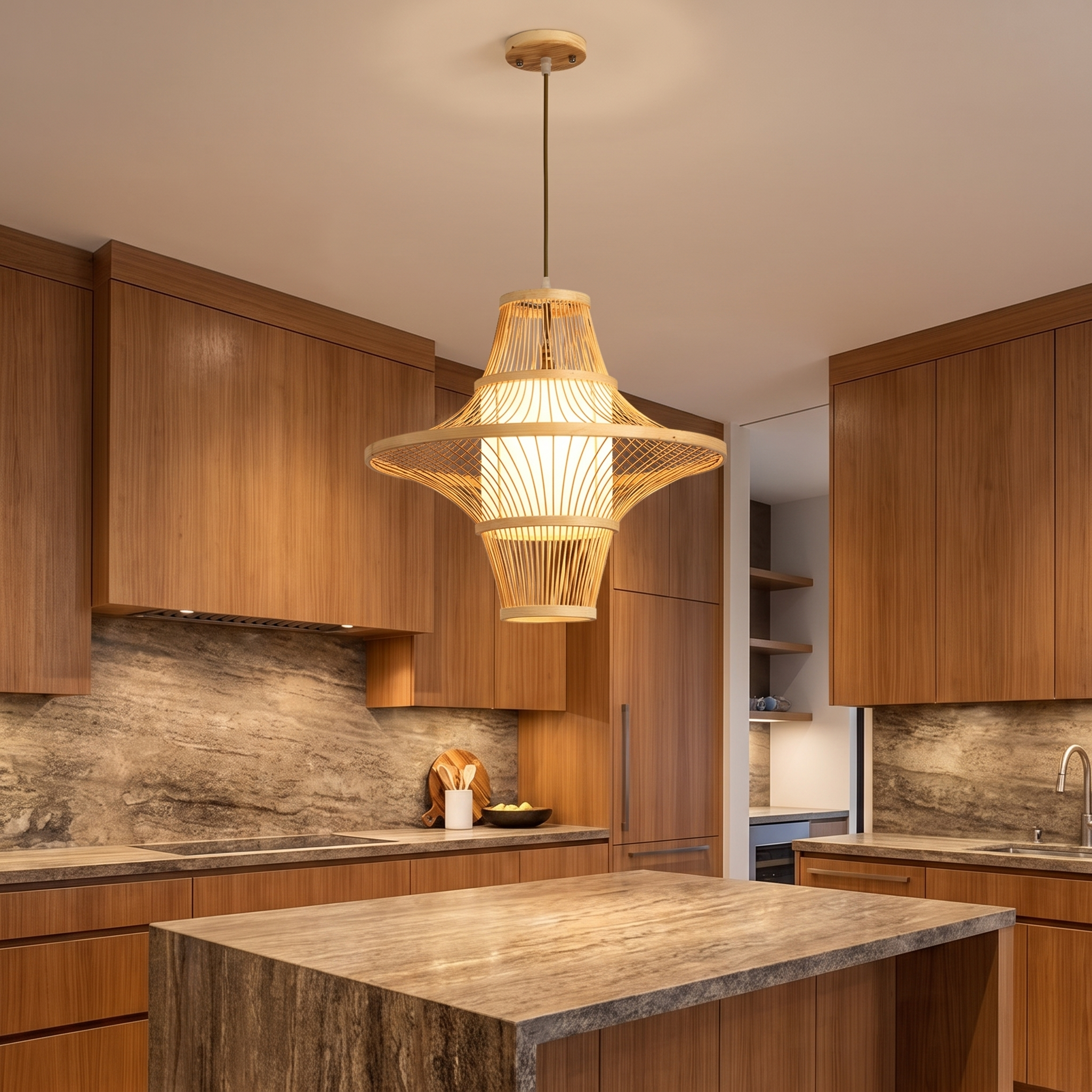 Bambroza pendant light in a luxury timber and stone kitchen