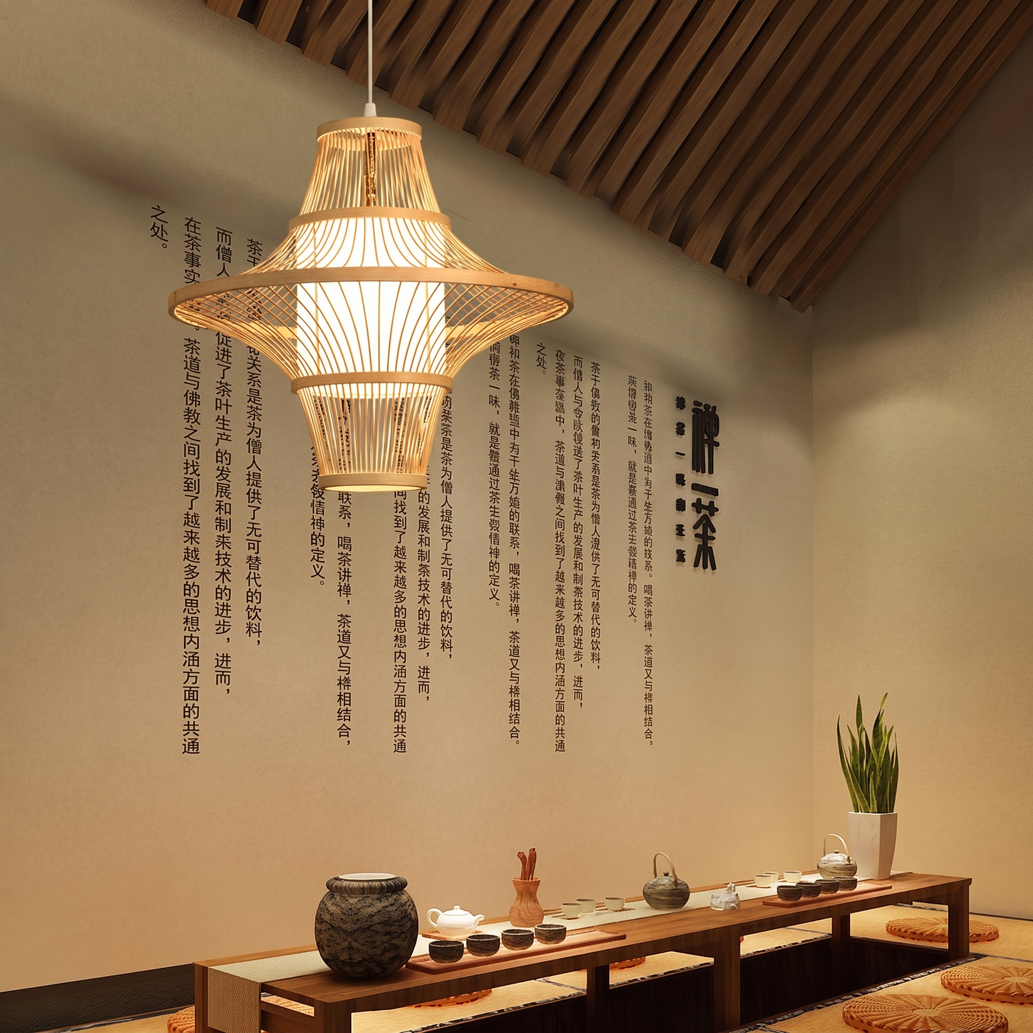Bambroza bamboo cone pendant light in a modern interior