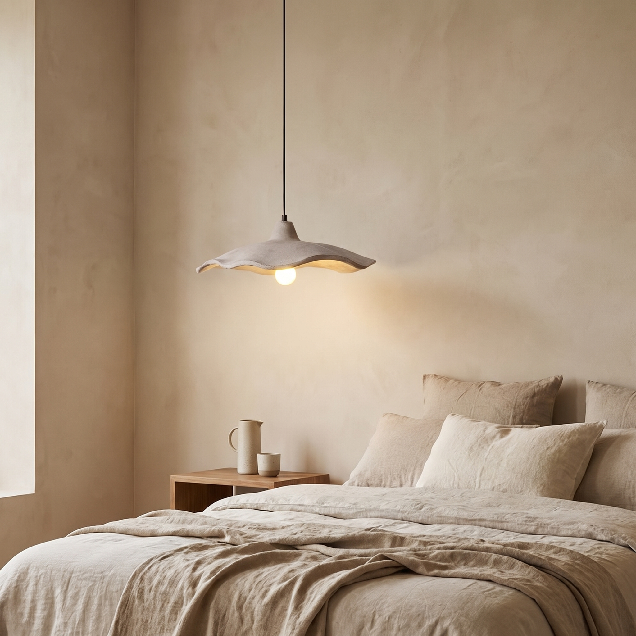 Onsera wavy cement pendant light in a luxury minimalist bedroom
