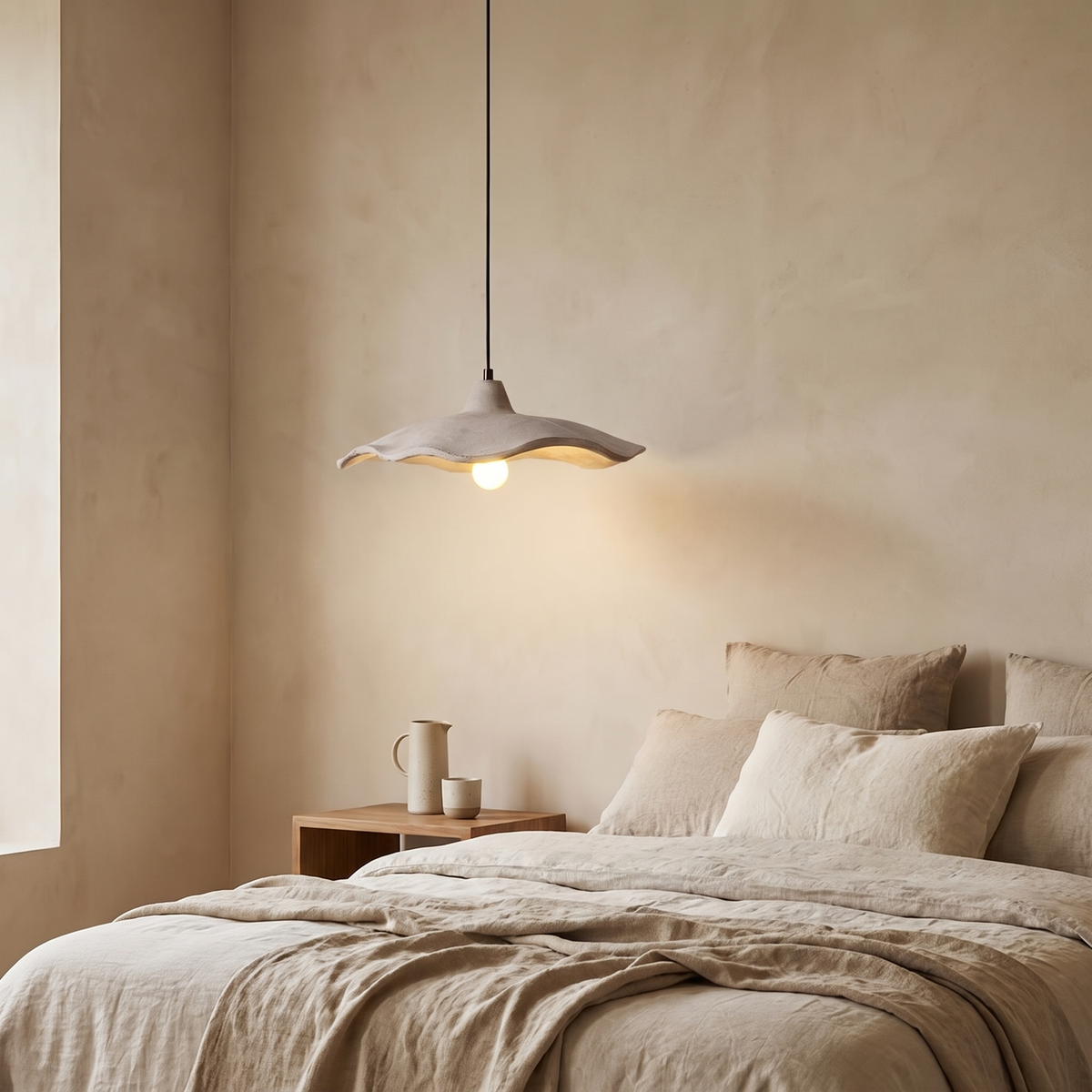 Onsera wavy cement pendant light in a luxury minimalist bedroom