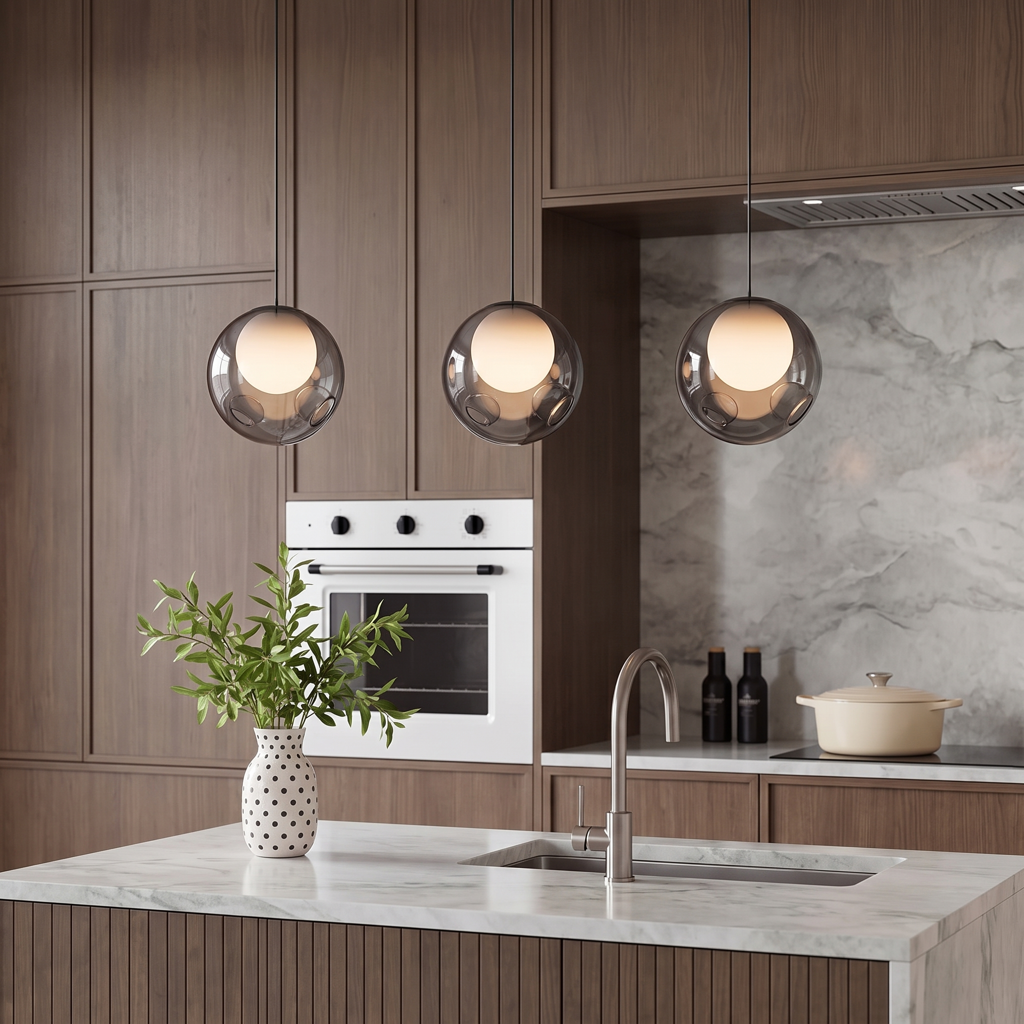 Trio of Bublora smoked glass bubble pendants over a kitchen island