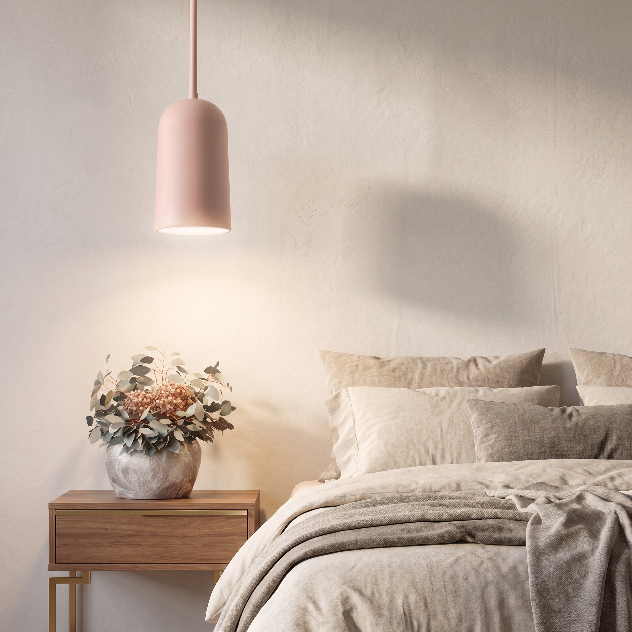 Figora pink resin arc pendant lamp in a luxury bedroom