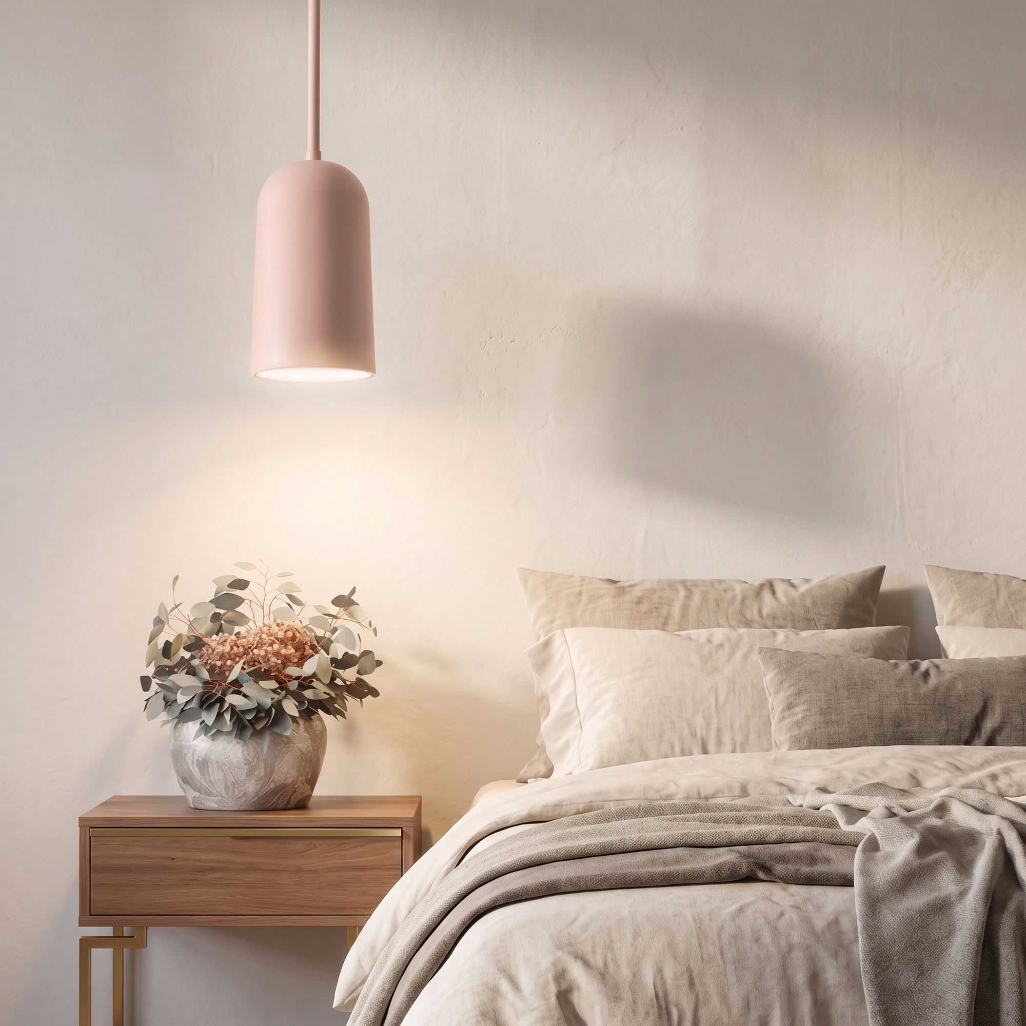 Figora pink resin arc pendant lamp in a luxury bedroom