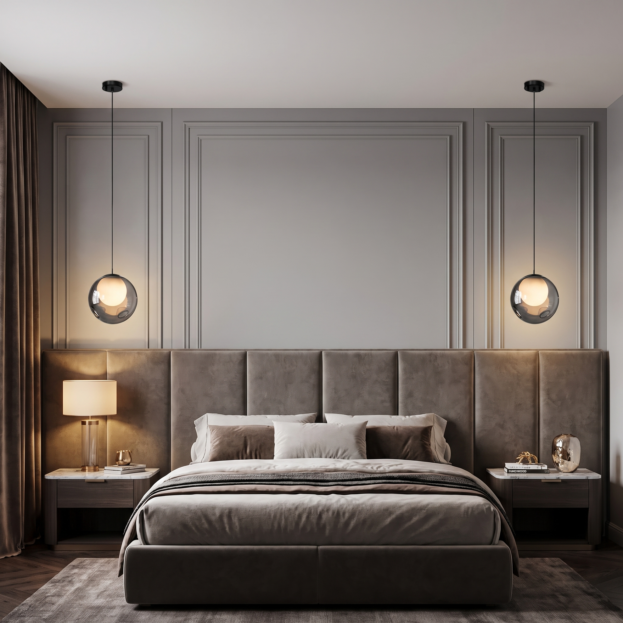 Symmetrical pair of Bublora pendants in a luxury bedroom