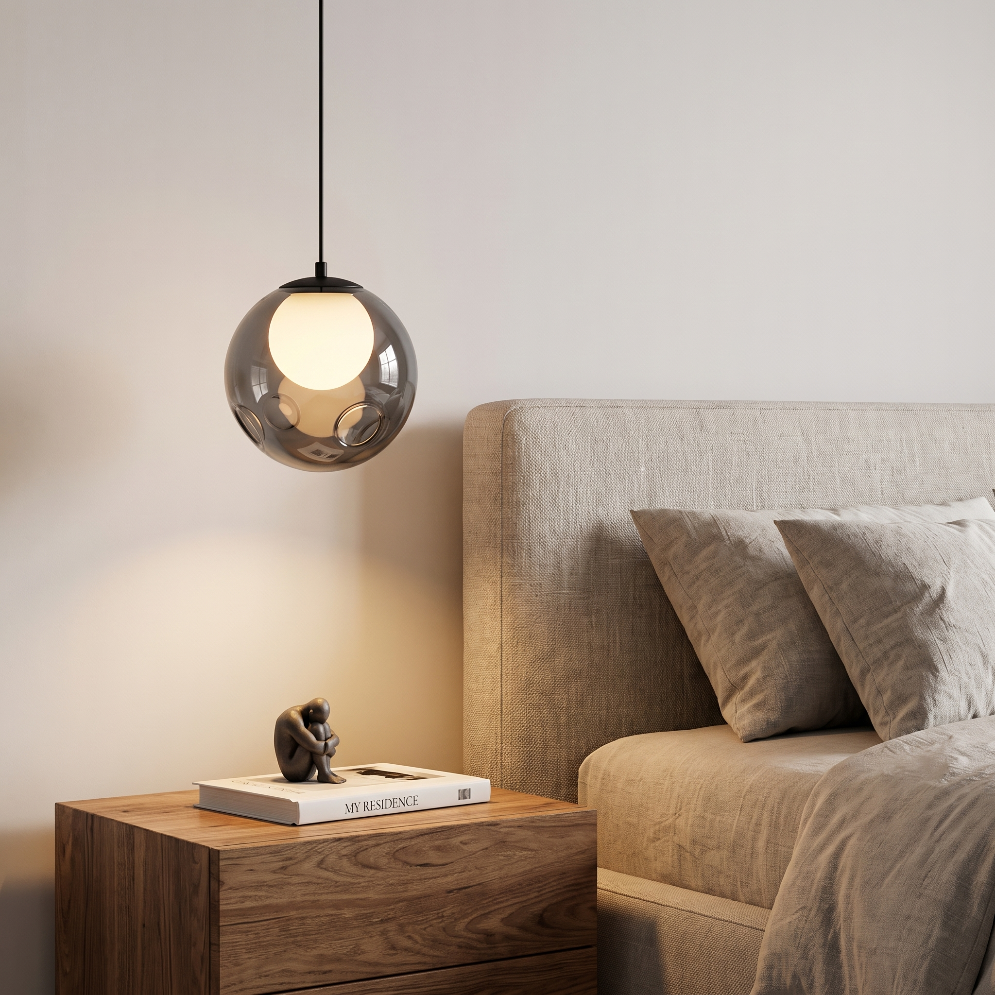 Bublora smoked glass pendant used as a bedside light