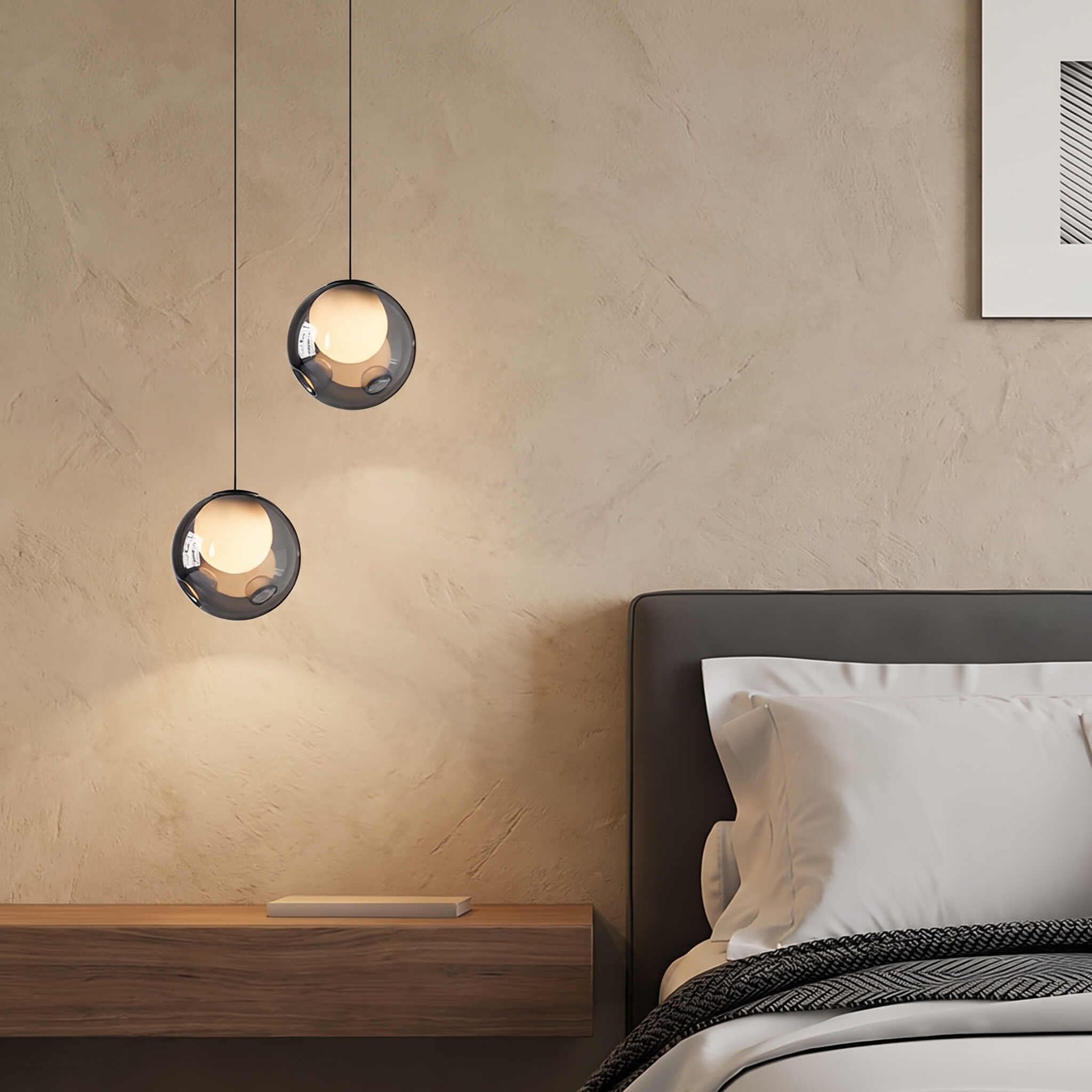 Staggered Bublora smoked glass pendants in a bedroom