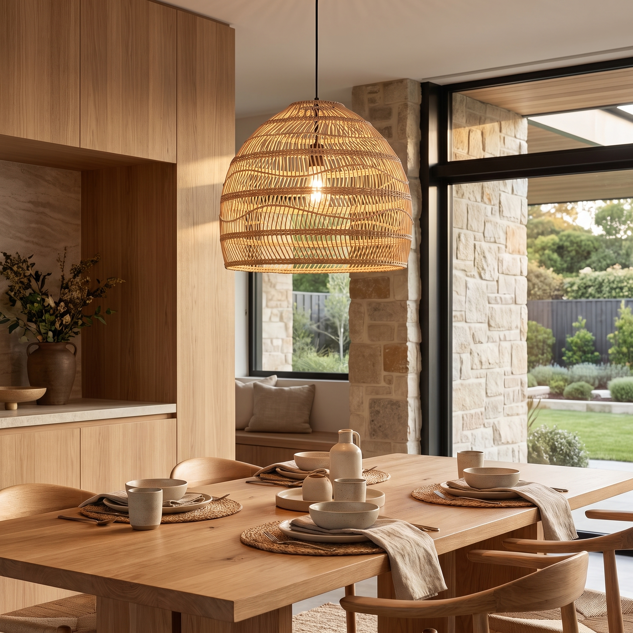 Ratella rattan dome pendant light in a natural-textured interior