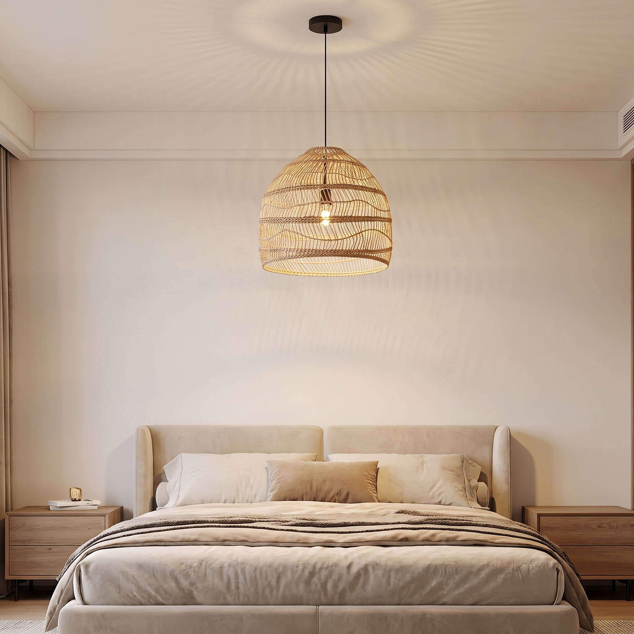 Ratella woven dome pendant light in a bedroom