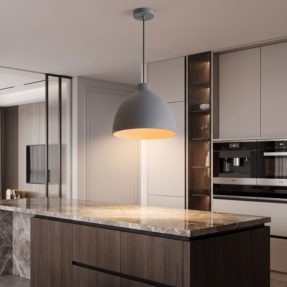 Resinova resin bowl pendant lamp over a luxury kitchen island