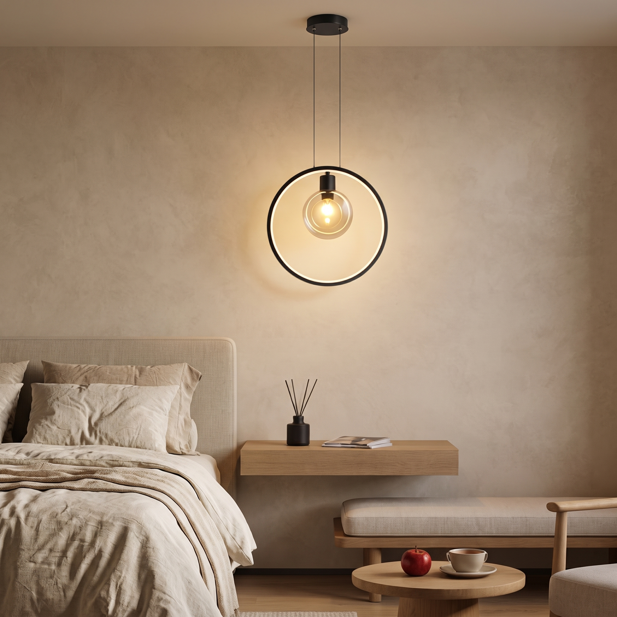 Anelara vertical ring pendant in a modern bedroom