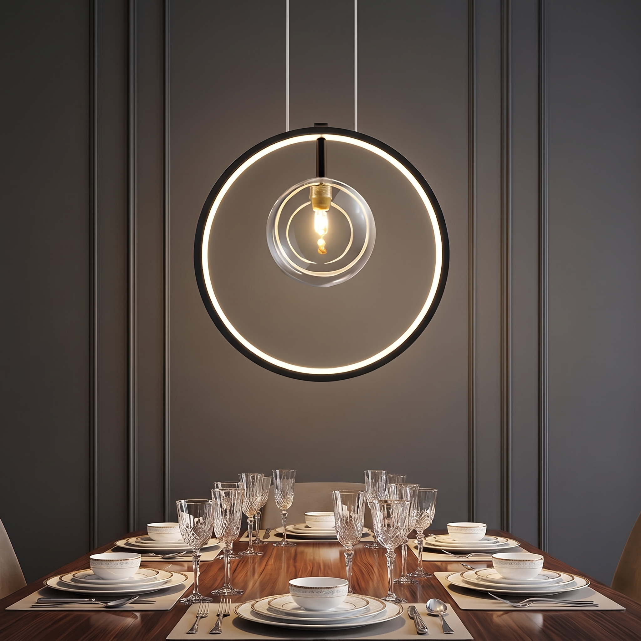 Anelara vertical ring bubble glass pendant above a dining table
