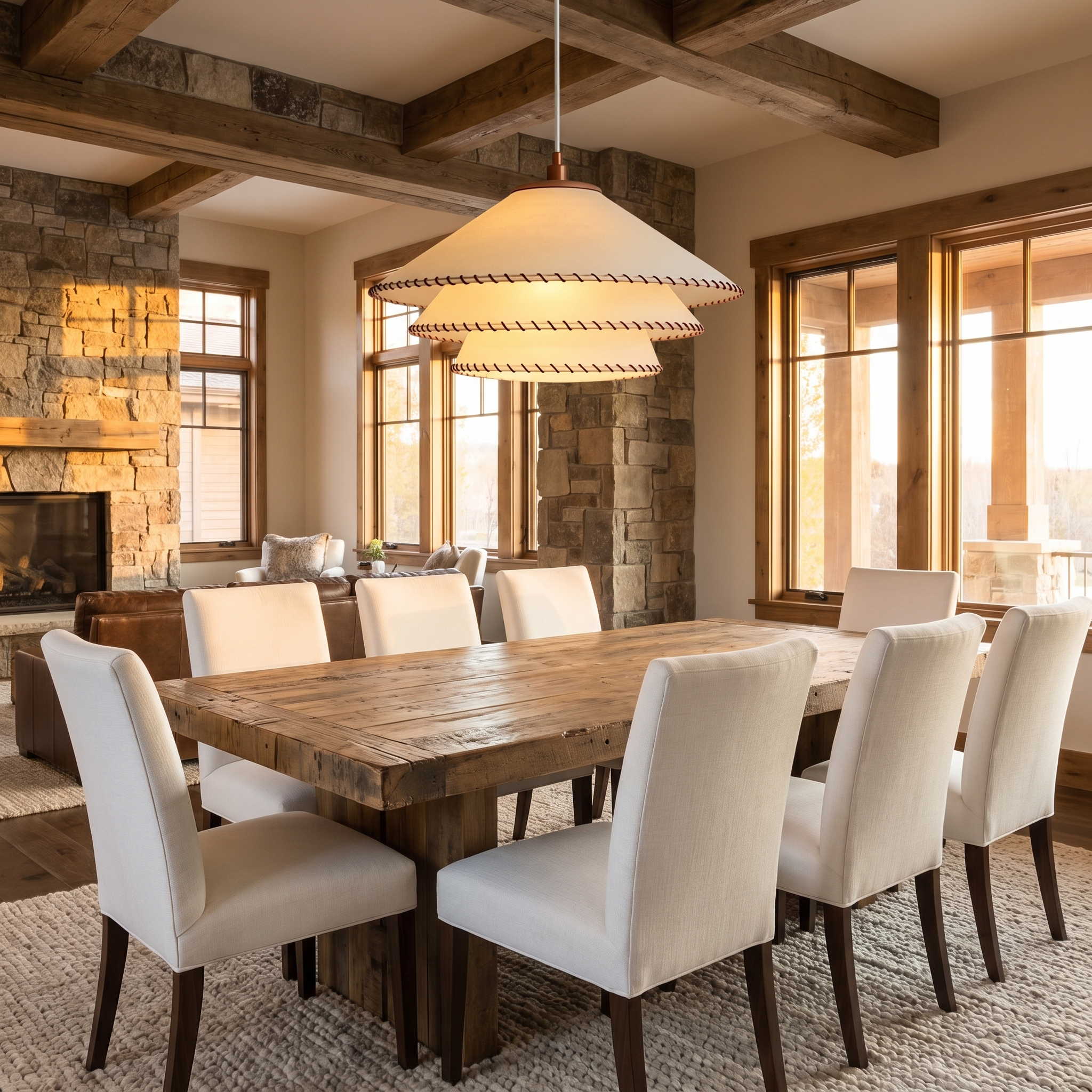Papyra woven tiered pendant above a rustic dining table
