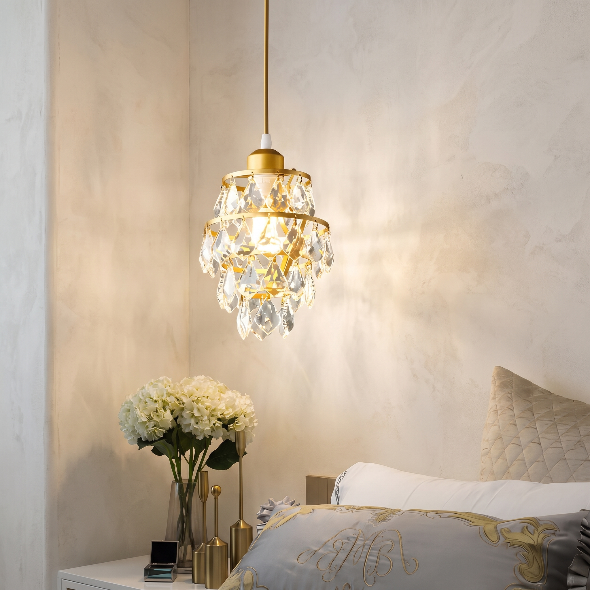 Crystalene mini crystal pendant light in a luxury bedroom
