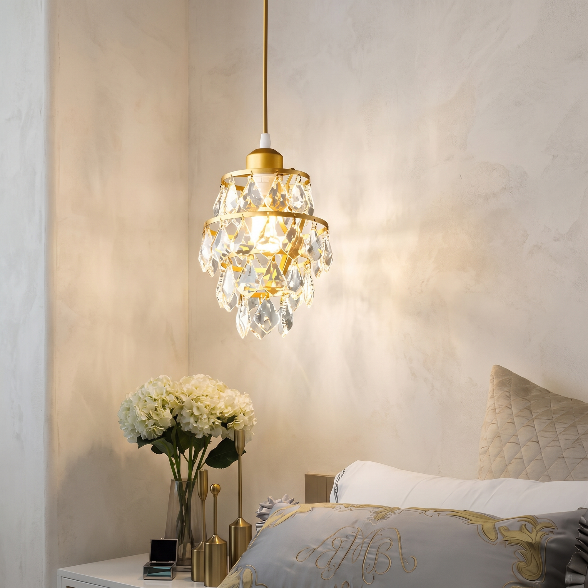 Crystalene mini crystal pendant light in a luxury bedroom
