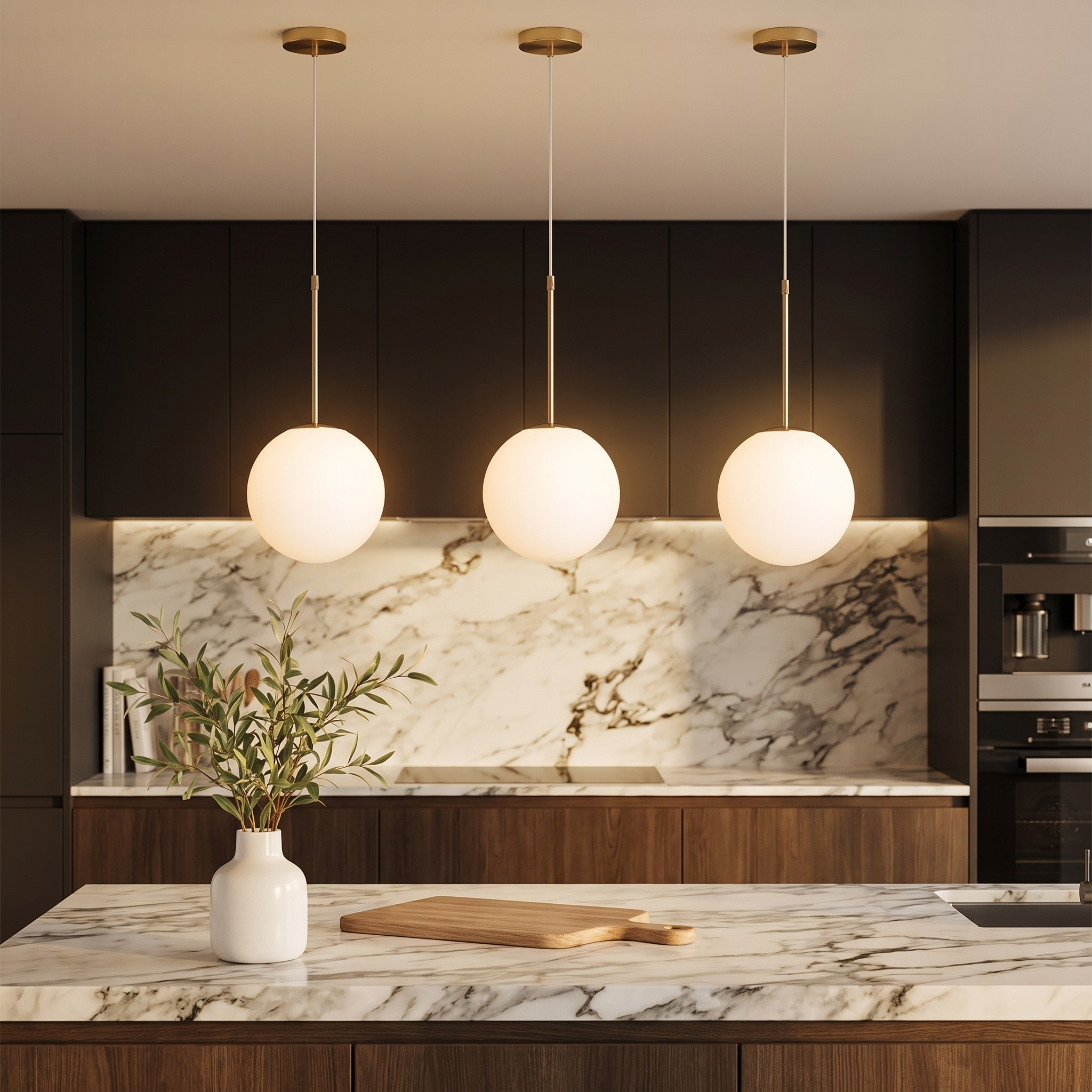 Elegant Insulara pendant over a marble kitchen island